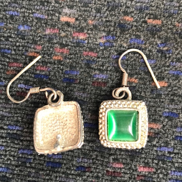 Square Green Gem Light Weight Gold Earrings. - Picture 2 of 2